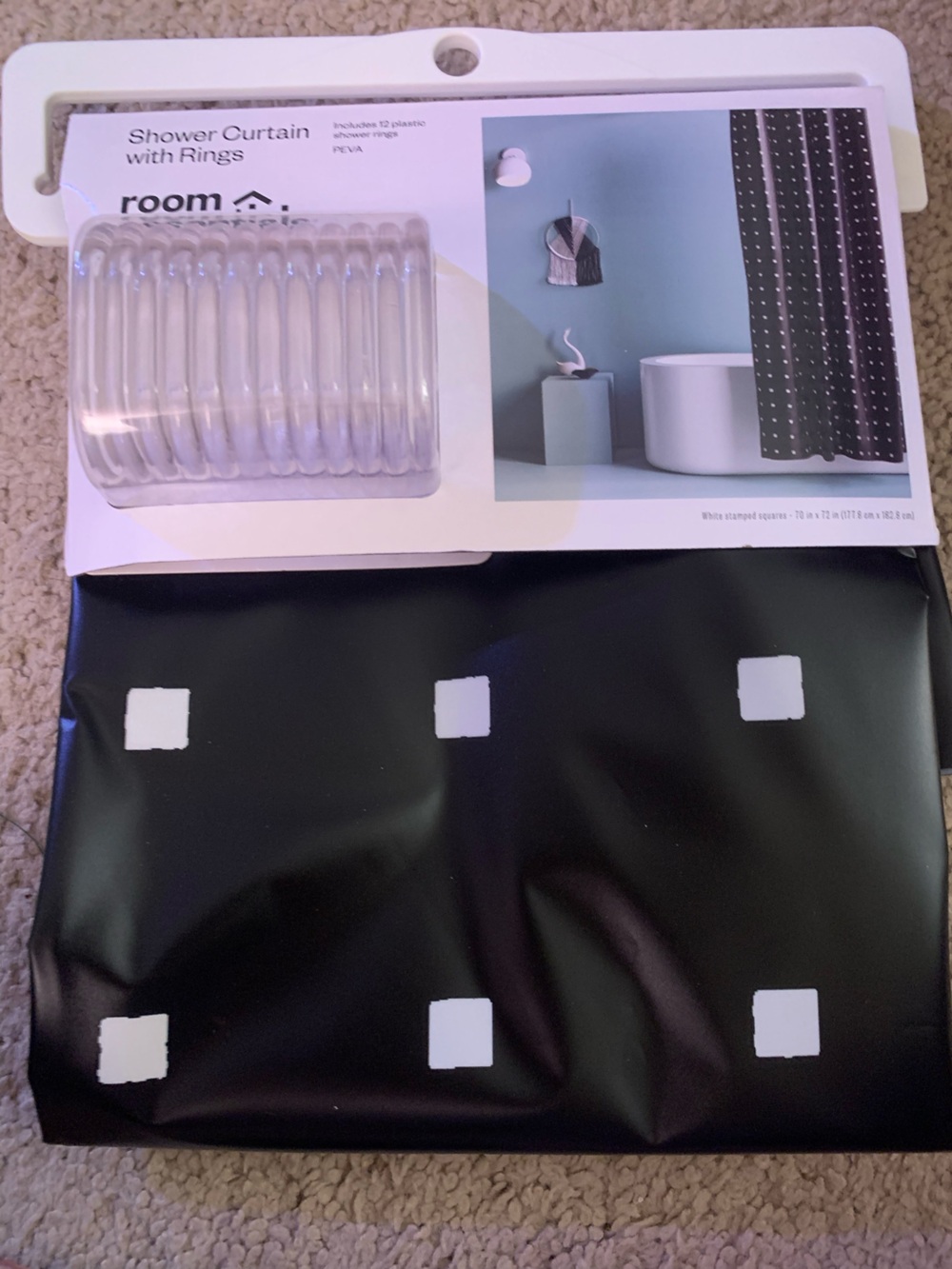Room Essentials Black shower curtain with white squares - clear plastic rings